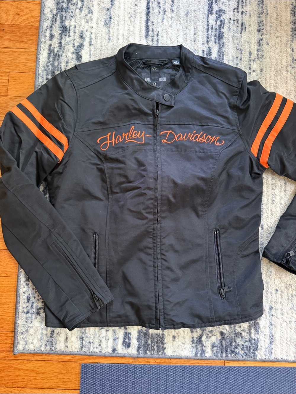 Harley-Davidson Black Jacket with Orange Script and Sleeve Stripes